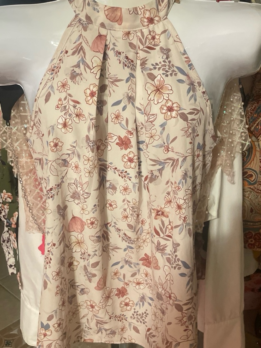 Floral Halter Blouse in Cream and Dusty Rose